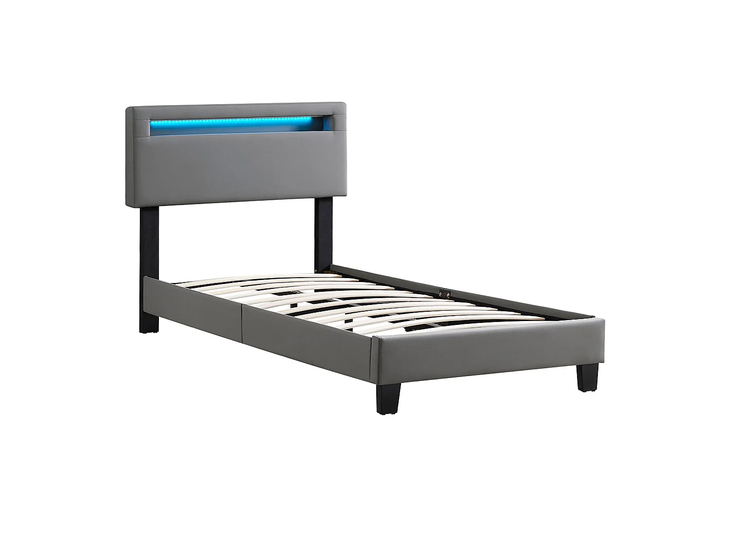 Lit LED simple 90x190 cm avec sommier, tête de lit réglable en hauteur, en synthétique gris, EVAN