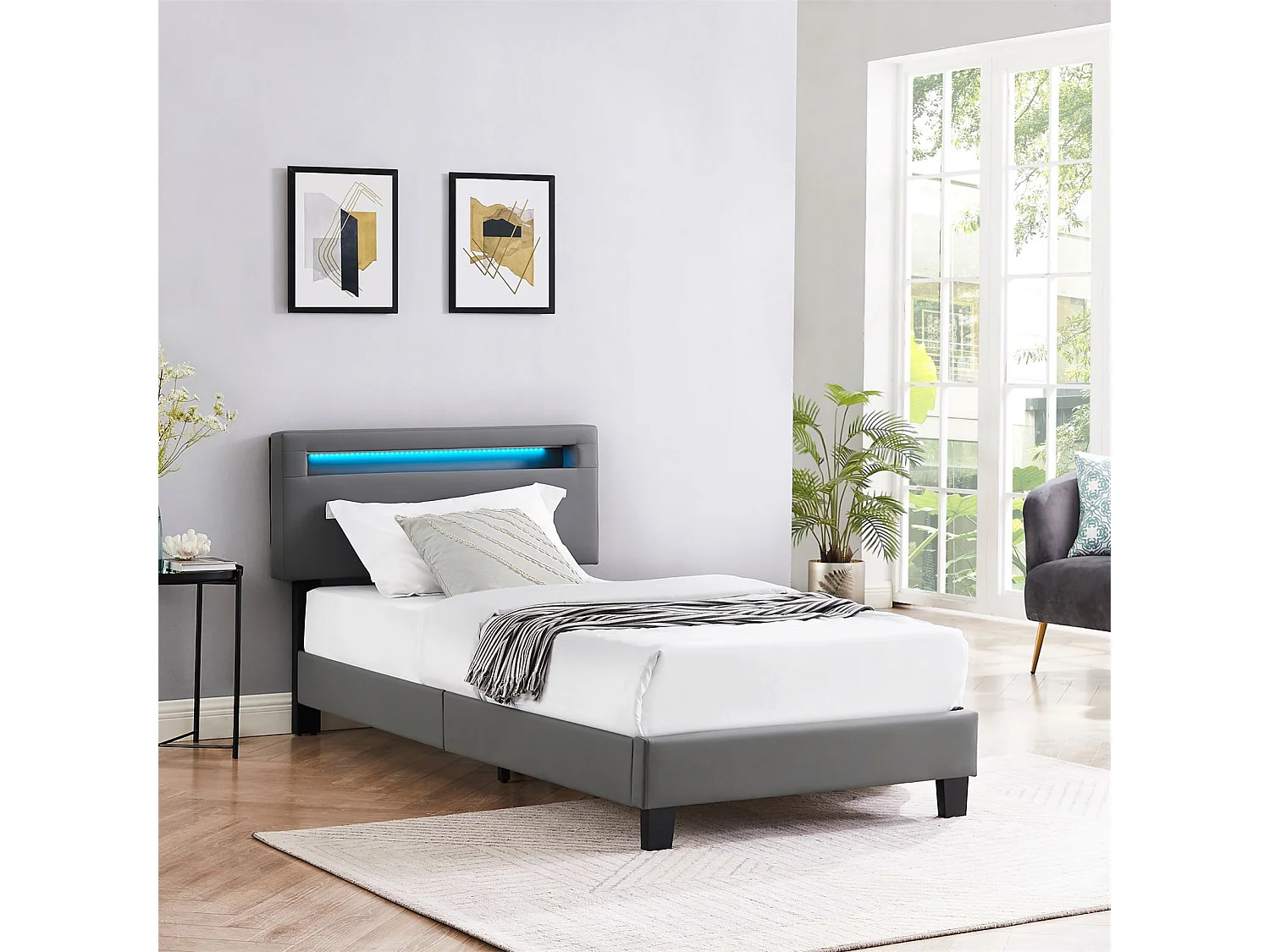 Lit LED simple 90x190 cm avec sommier, tête de lit réglable en hauteur, en synthétique gris, EVAN