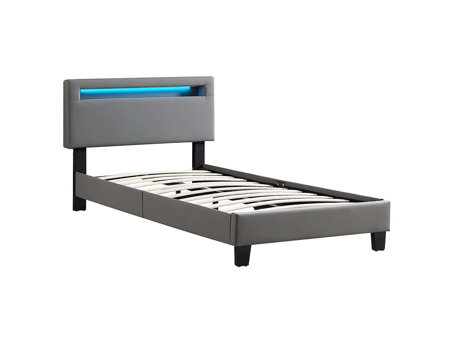 Lit LED simple 90x190 cm avec sommier, tête de lit réglable en hauteur, en synthétique gris, EVAN