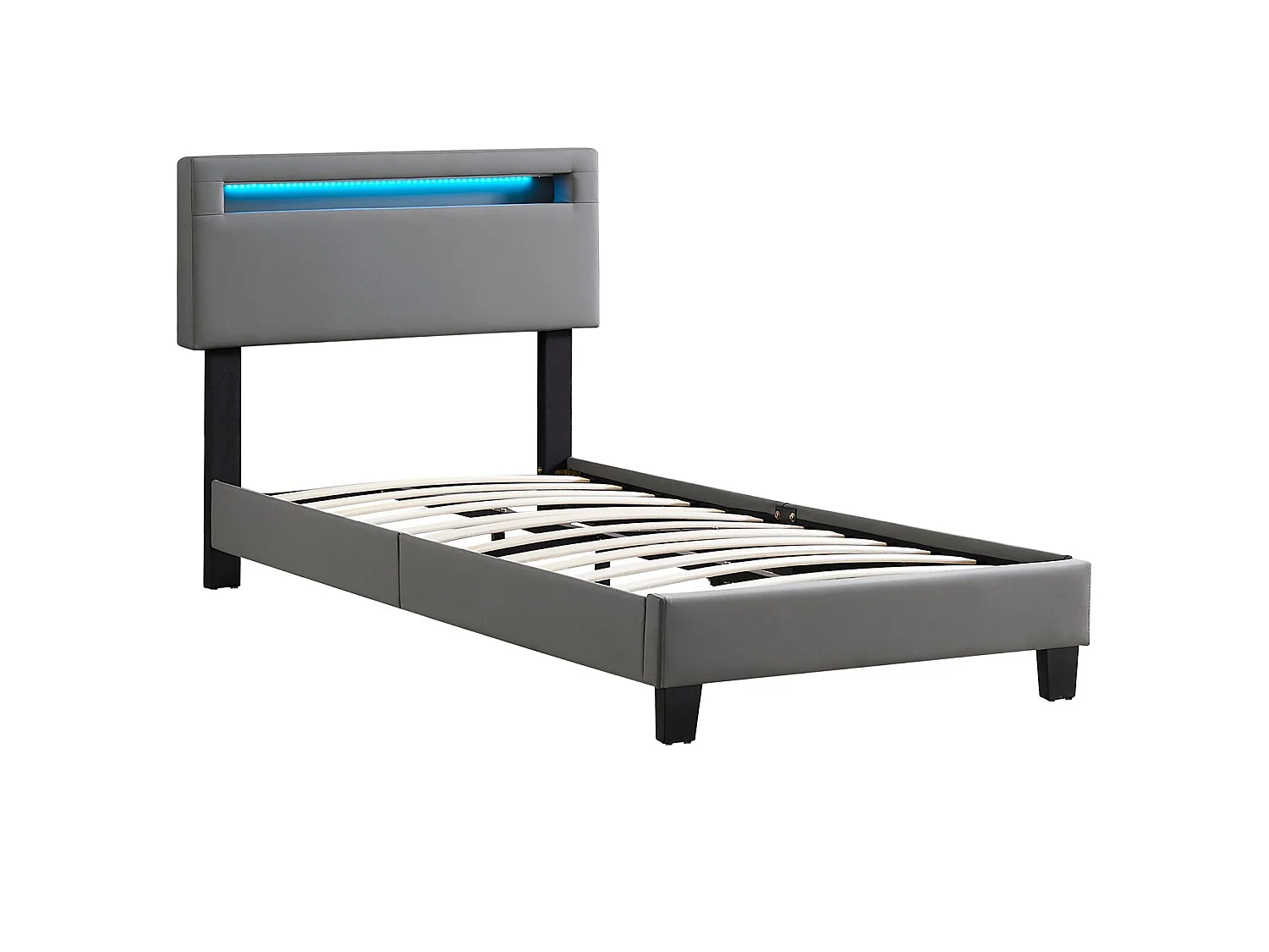 Lit LED simple 90x190 cm avec sommier, tête de lit réglable en hauteur, en synthétique gris, EVAN