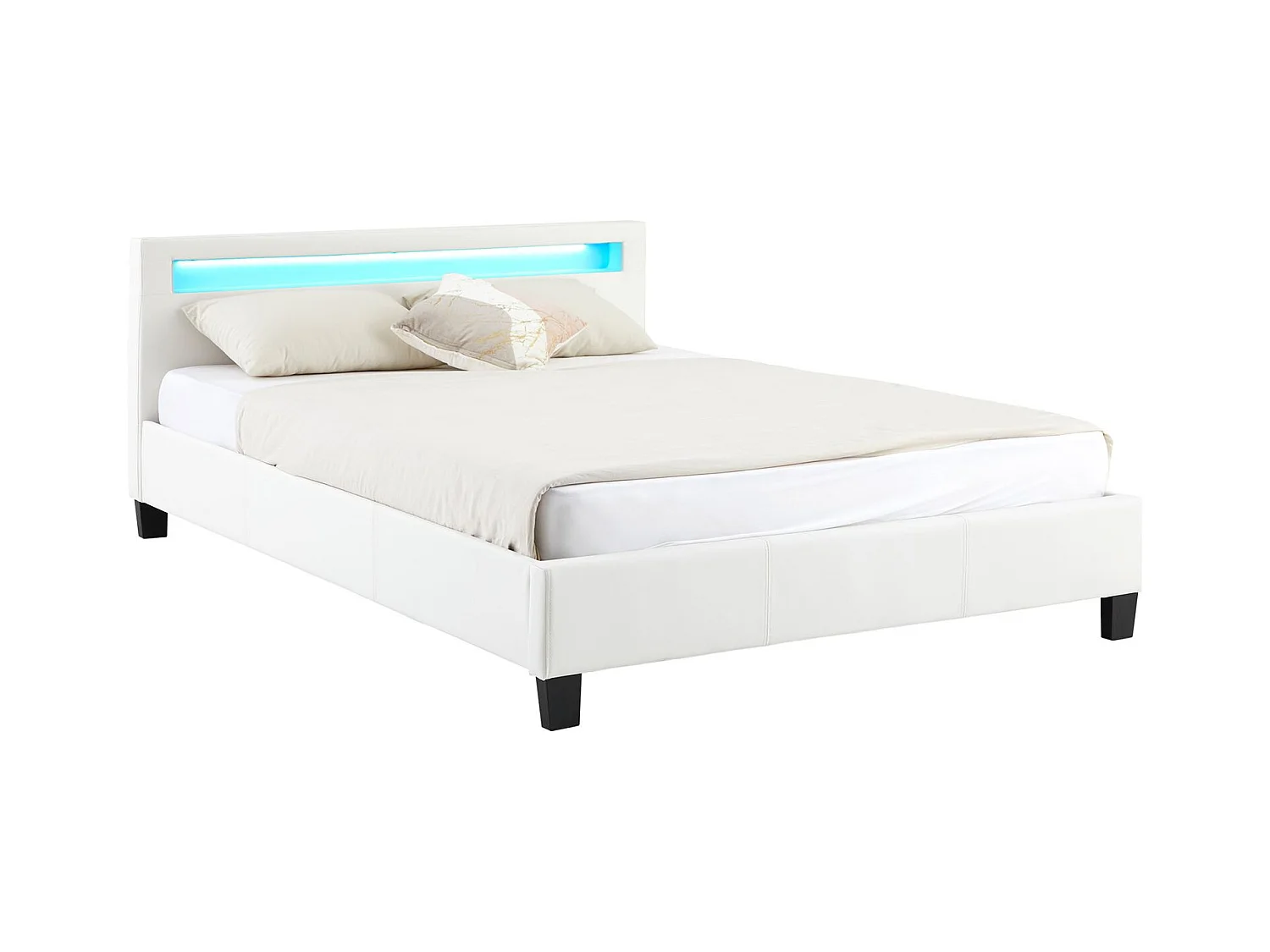 Lit LED double 140x190 cm avec sommier, tête de lit confortable, lit 1 place revêtement synthétique blanc, PINOT