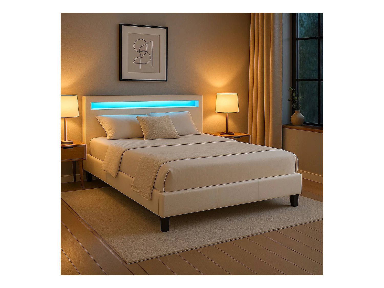 Lit LED double 140x190 cm avec sommier, tête de lit confortable, lit 1 place revêtement synthétique blanc, PINOT