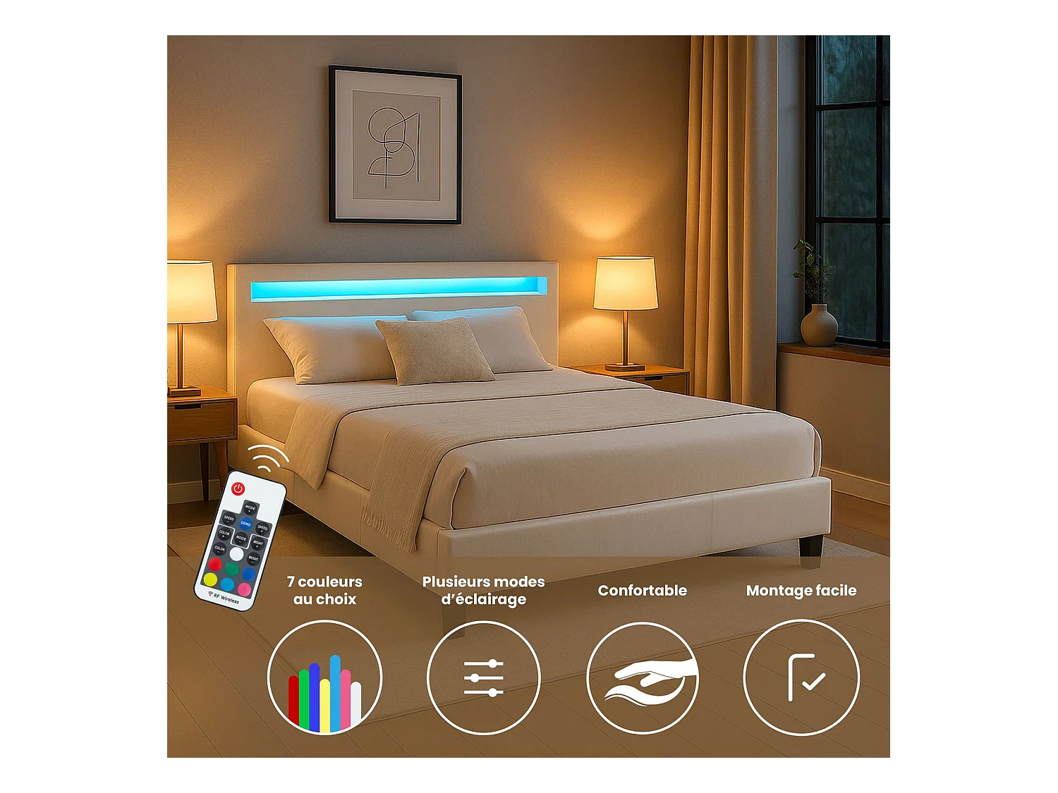 Lit LED double 140x190 cm avec sommier, tête de lit confortable, lit 1 place revêtement synthétique blanc, PINOT