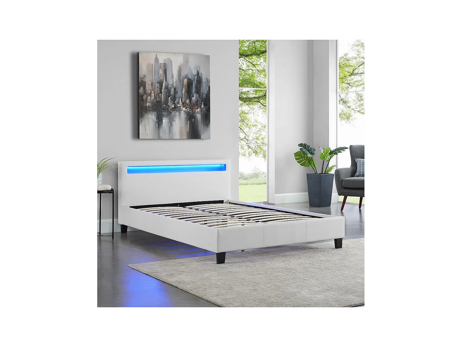 Lit LED double 140x190 cm avec sommier, tête de lit confortable, lit 1 place revêtement synthétique blanc, PINOT