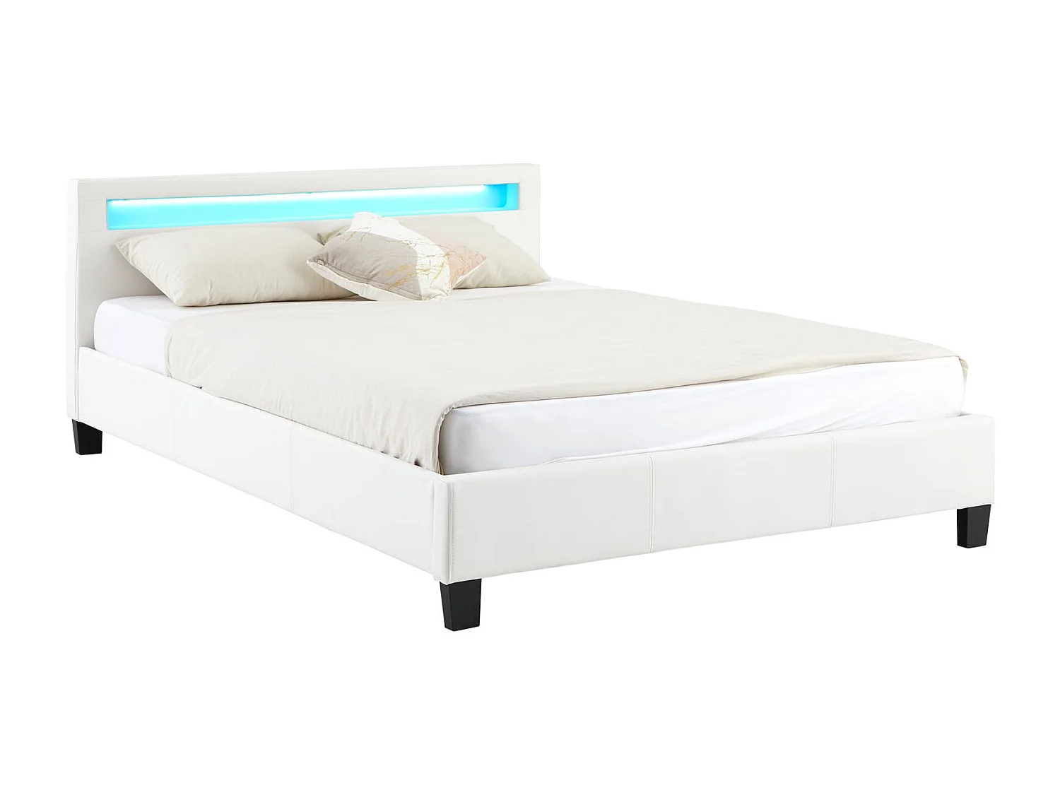 Lit LED double 140x190 cm avec sommier, tête de lit confortable, lit 1 place revêtement synthétique blanc, PINOT