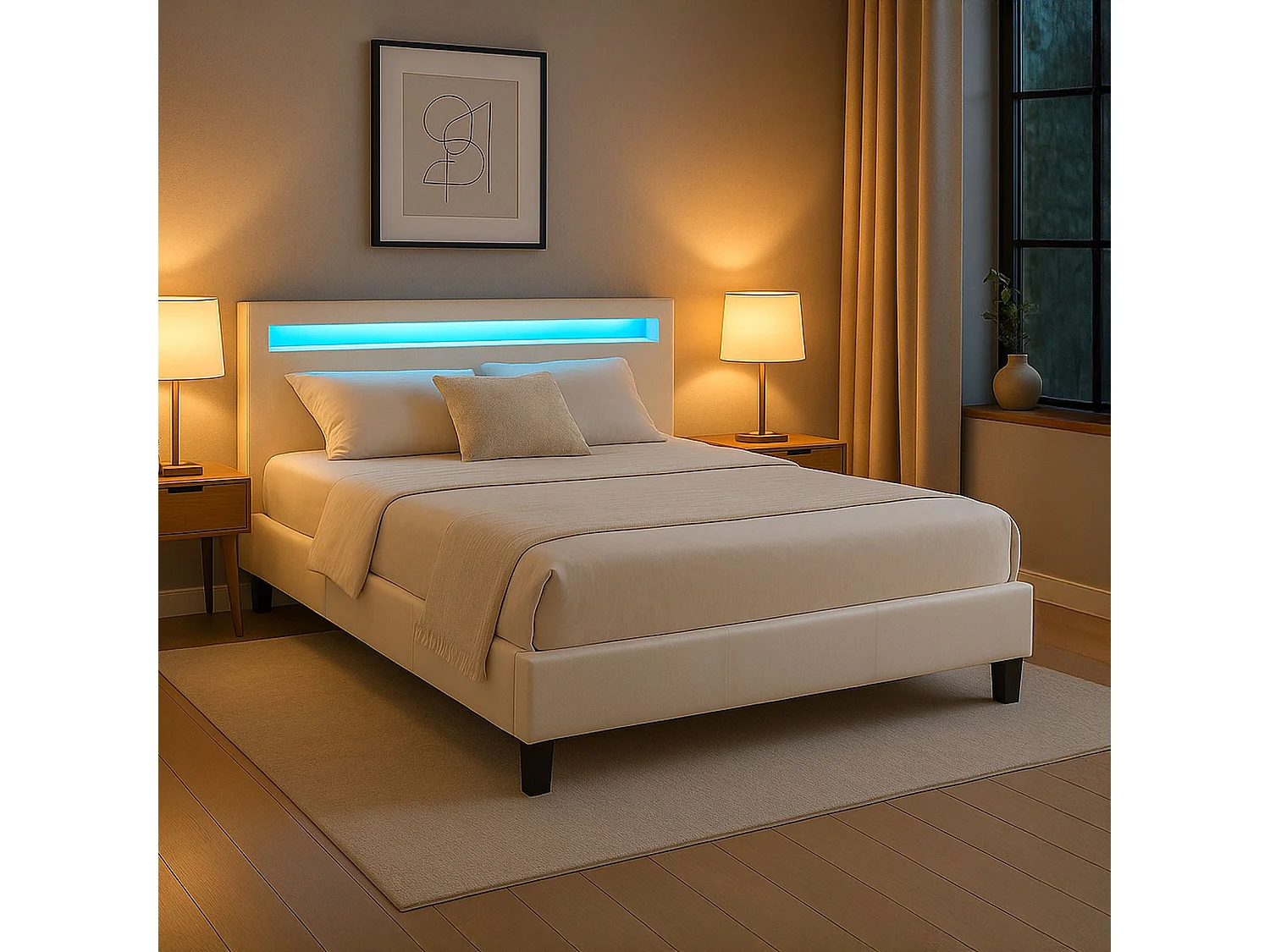 Lit LED double 140x190 cm avec sommier, tête de lit confortable, lit 1 place revêtement synthétique blanc, PINOT