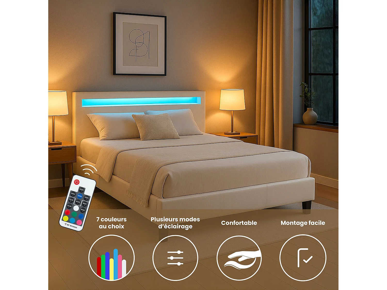 Lit LED double 140x190 cm avec sommier, tête de lit confortable, lit 1 place revêtement synthétique blanc, PINOT