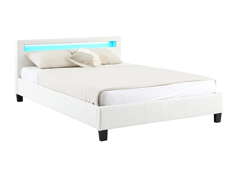 Lit LED double 140x190 cm avec sommier, tête de lit confortable, lit 1 place revêtement synthétique blanc, PINOT
