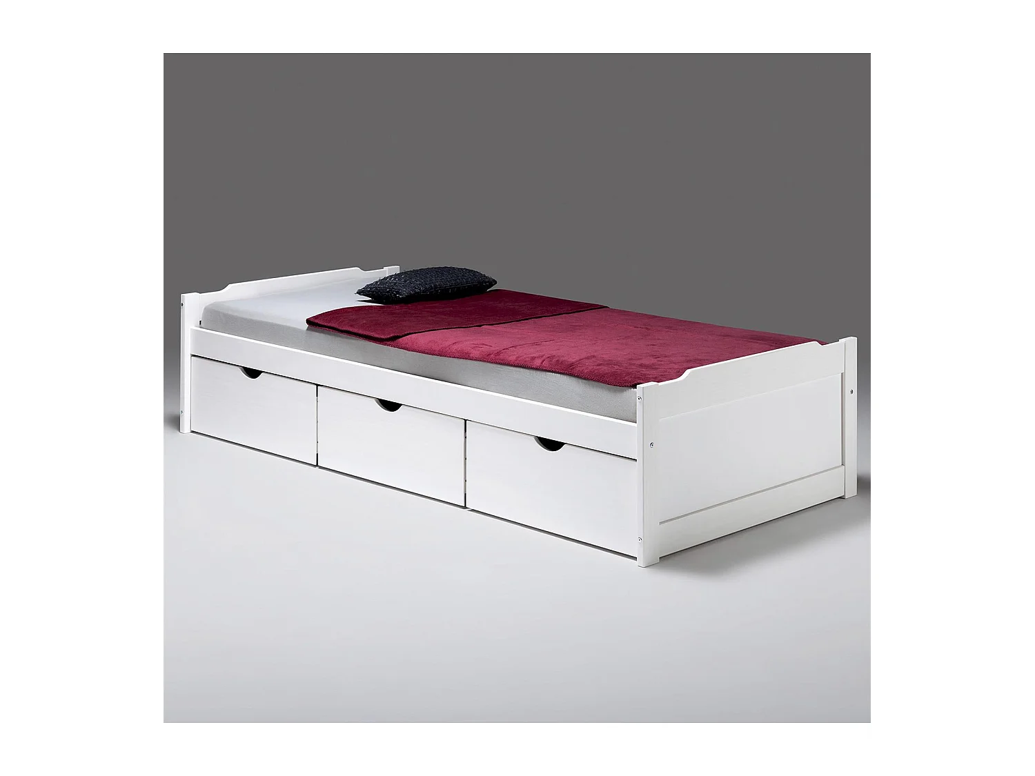 Lit fonctionnel avec rangements MIA 3 tiroirs, 90 x 200 cm pin massif lasuré blanc