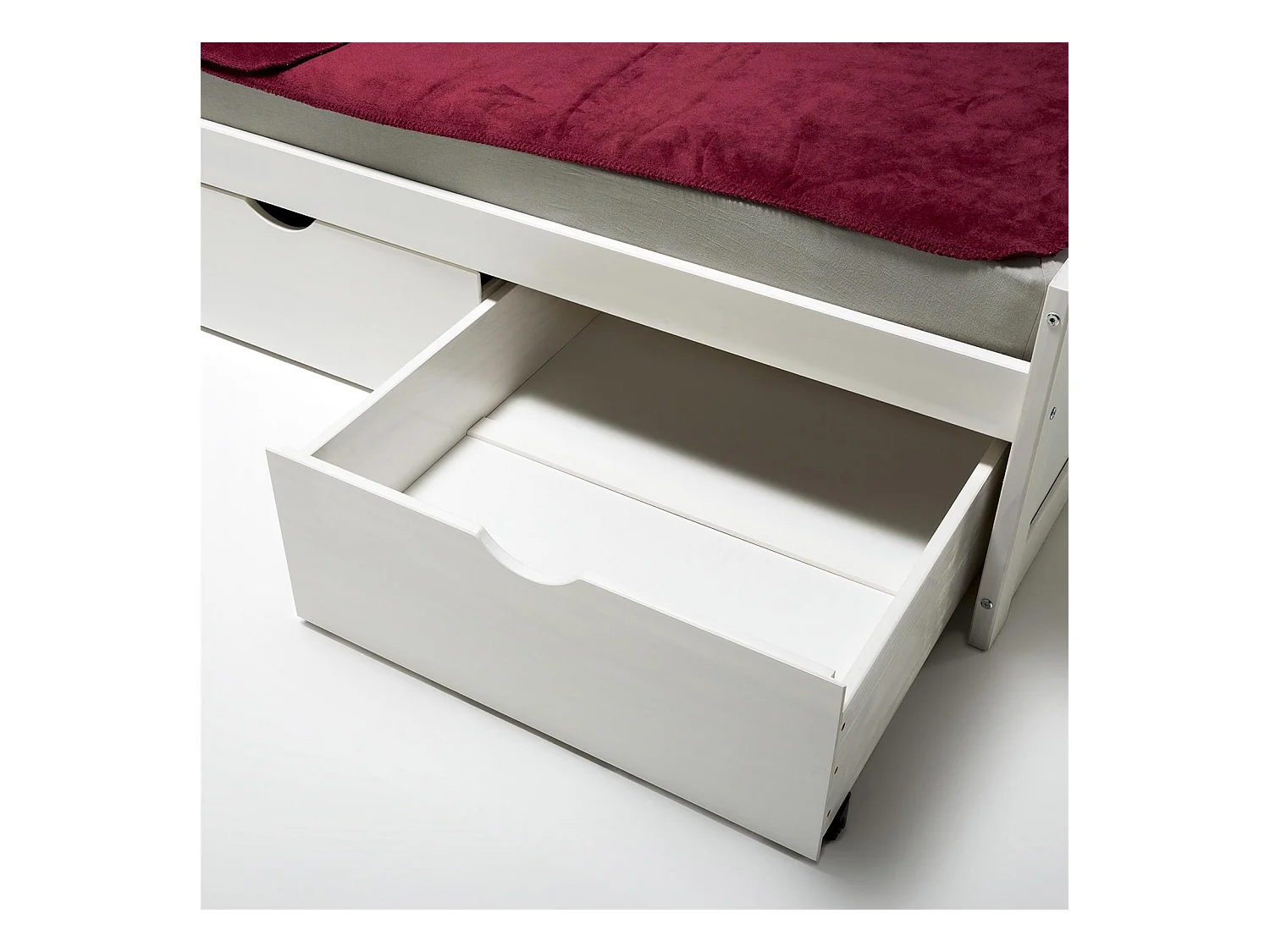 Lit fonctionnel avec rangements MIA 3 tiroirs, 90 x 200 cm pin massif lasuré blanc