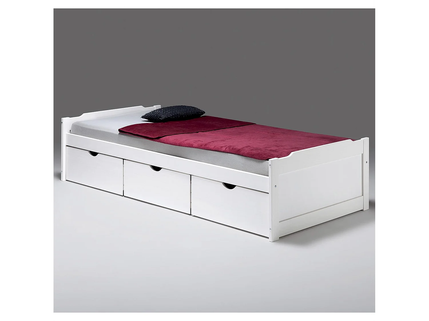 Lit fonctionnel avec rangements MIA 3 tiroirs, 90 x 200 cm pin massif lasuré blanc