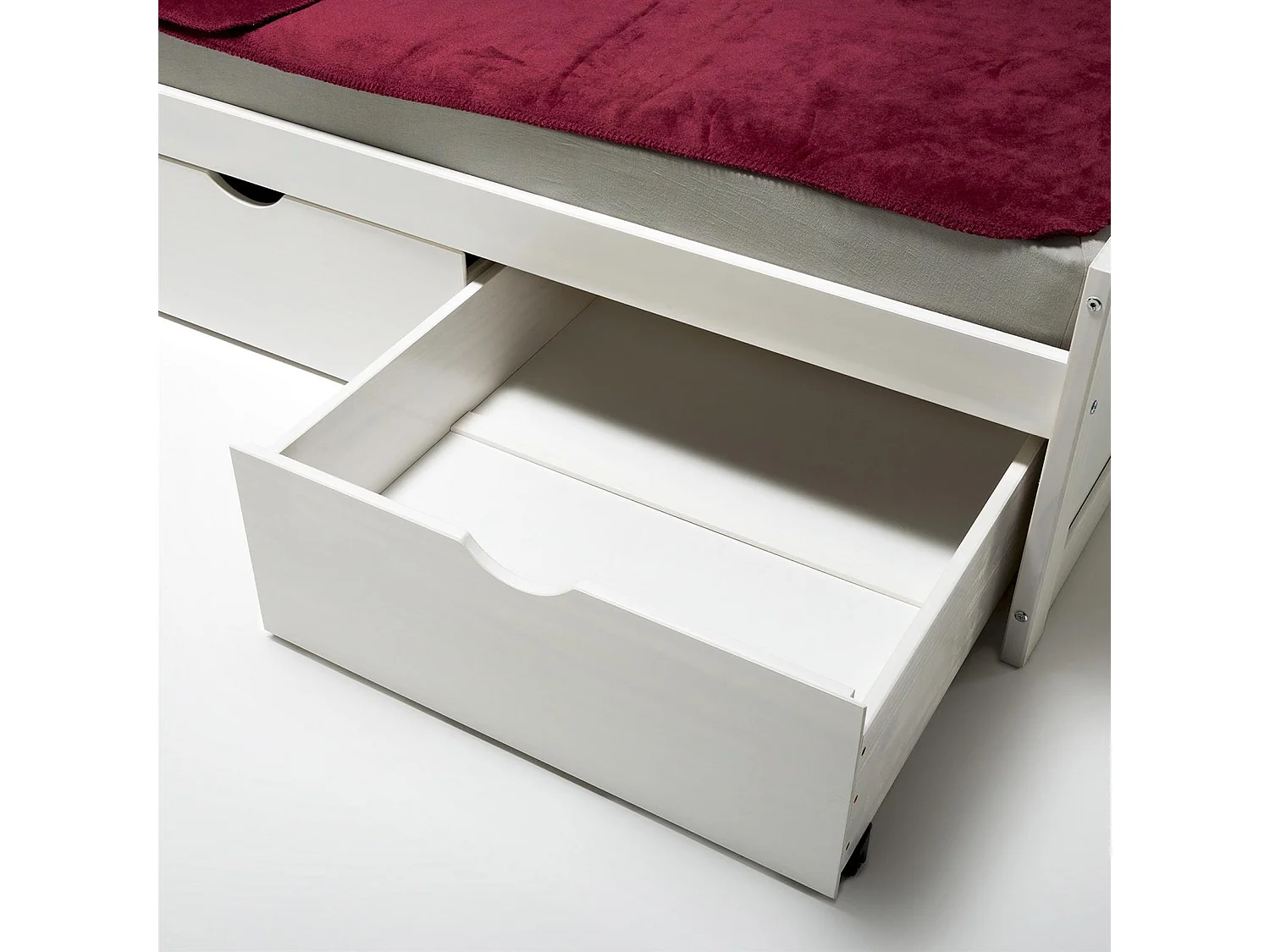 Lit fonctionnel avec rangements MIA 3 tiroirs, 90 x 200 cm pin massif lasuré blanc