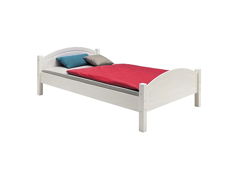 Lit simple FLIMS 100 x 200 cm lit pour enfant en pin massif lasuré blanc, avec tête et pied de lit arrondi