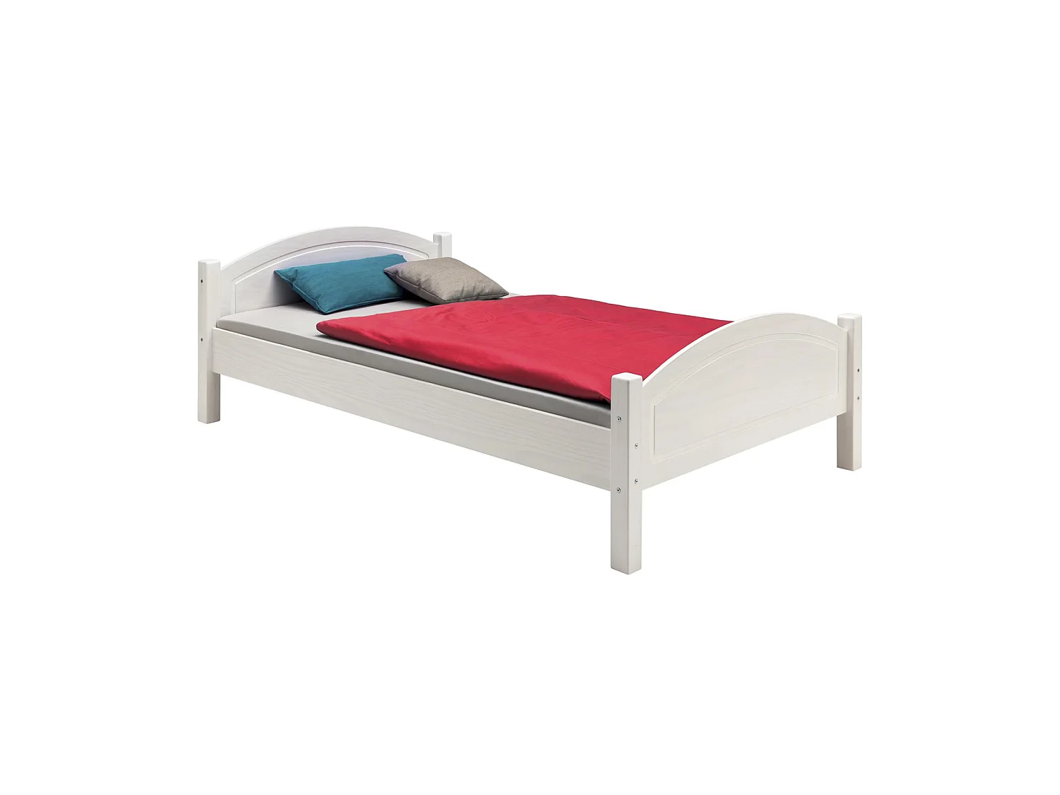 Lit simple FLIMS 100 x 200 cm lit pour enfant en pin massif lasuré blanc, avec tête et pied de lit arrondi