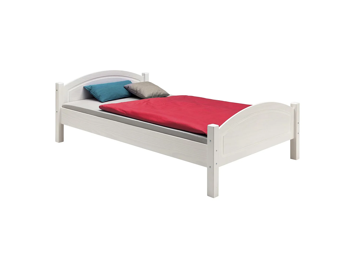 Lit simple FLIMS 100 x 200 cm lit pour enfant en pin massif lasuré blanc, avec tête et pied de lit arrondi