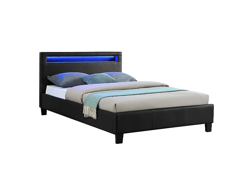 Lit LED simple 120x190 cm avec sommier, tête de lit confortable, lit 1 place revêtement synthétique noir, MIRANDO