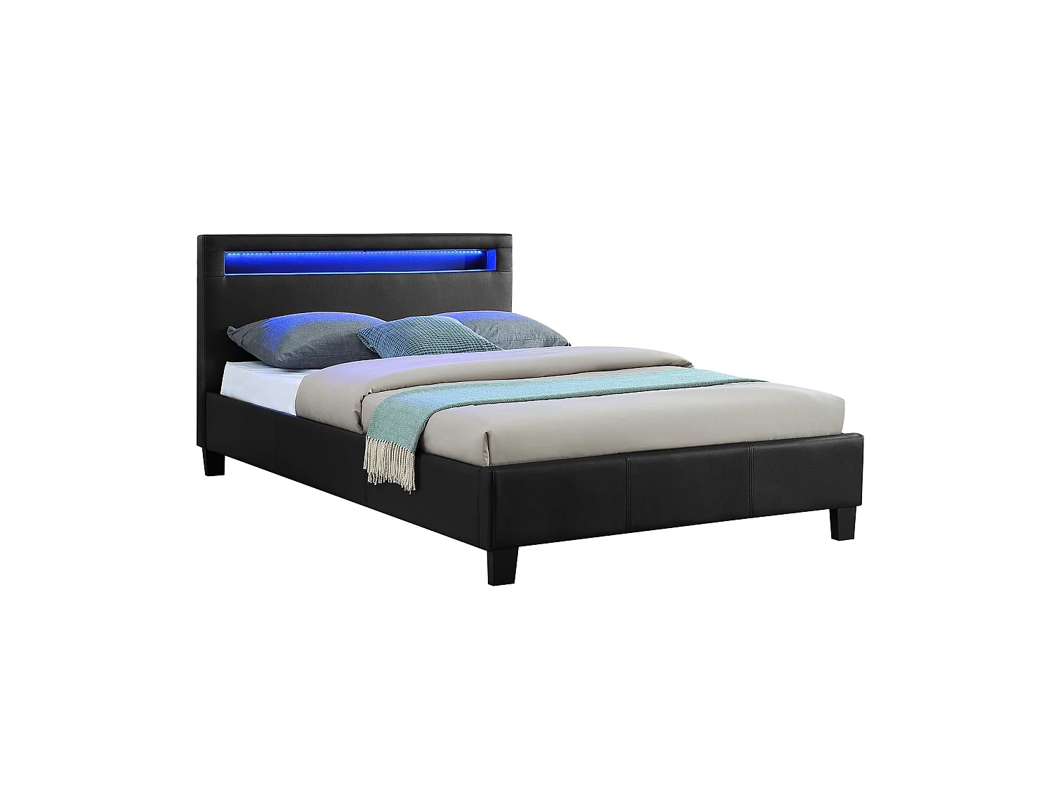 Lit LED simple 120x190 cm avec sommier, tête de lit confortable, lit 1 place revêtement synthétique noir, MIRANDO
