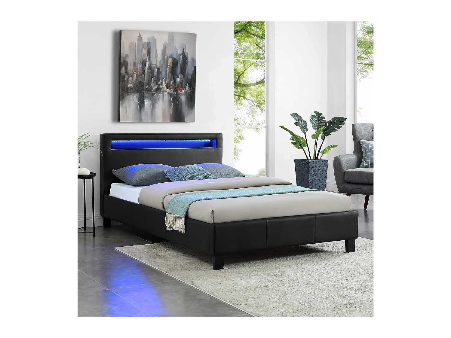 Lit LED simple 120x190 cm avec sommier, tête de lit confortable, lit 1 place revêtement synthétique noir, MIRANDO
