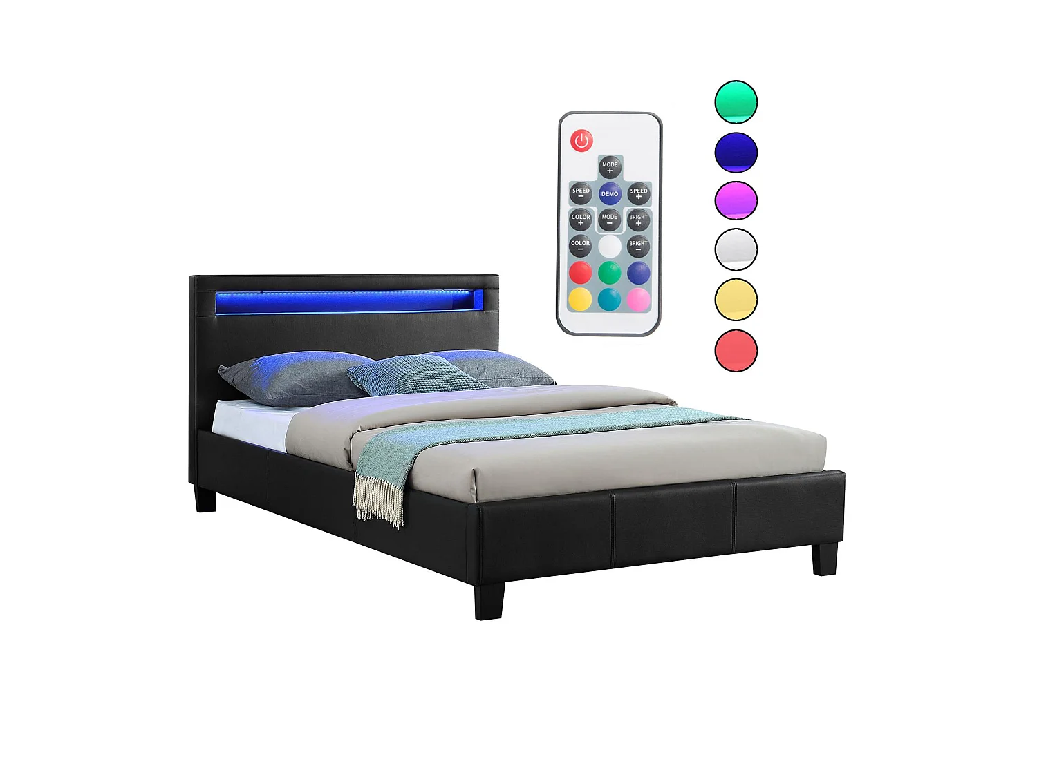 Lit LED simple 120x190 cm avec sommier, tête de lit confortable, lit 1 place revêtement synthétique noir, MIRANDO