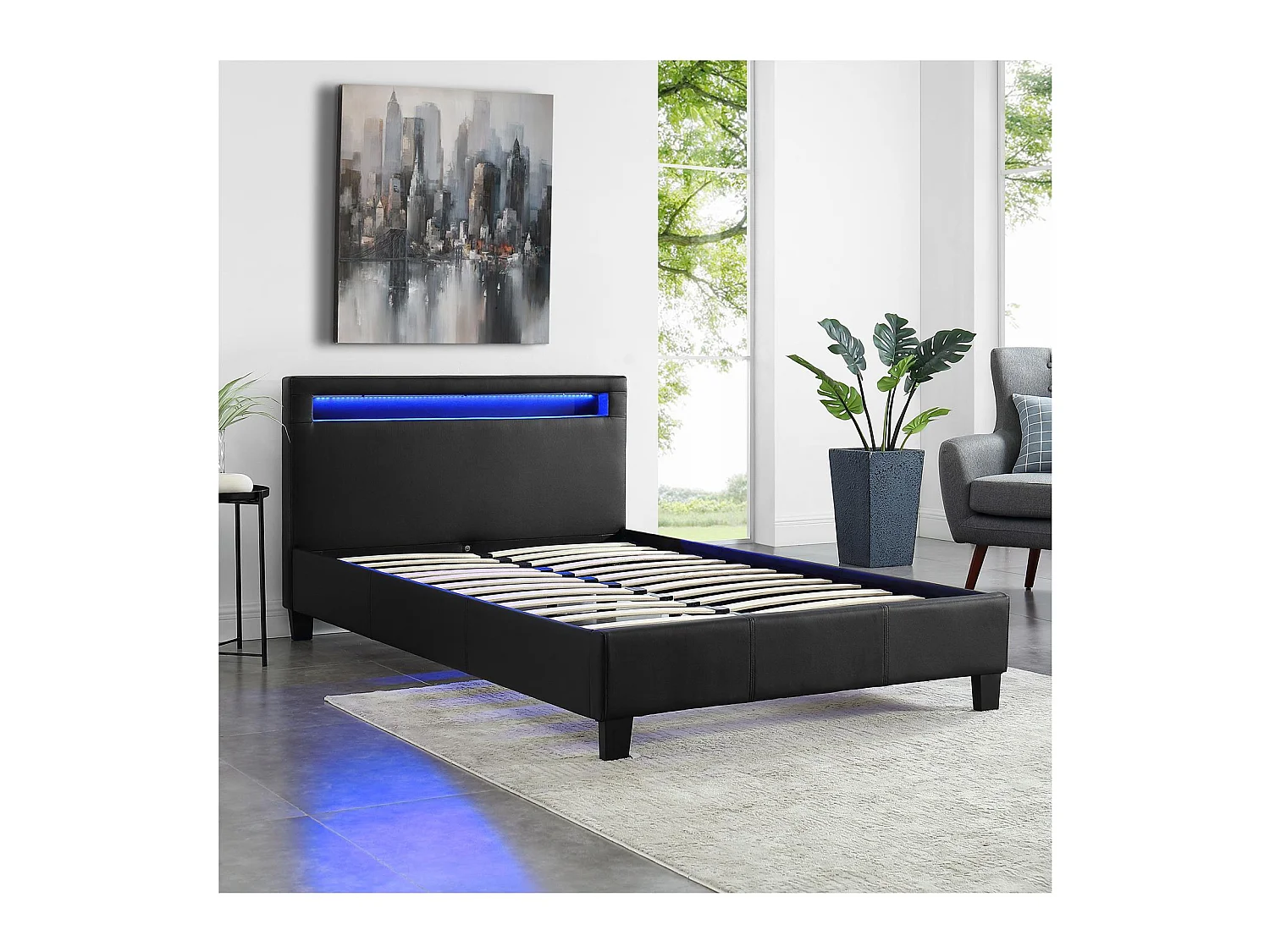 Lit LED simple 120x190 cm avec sommier, tête de lit confortable, lit 1 place revêtement synthétique noir, MIRANDO