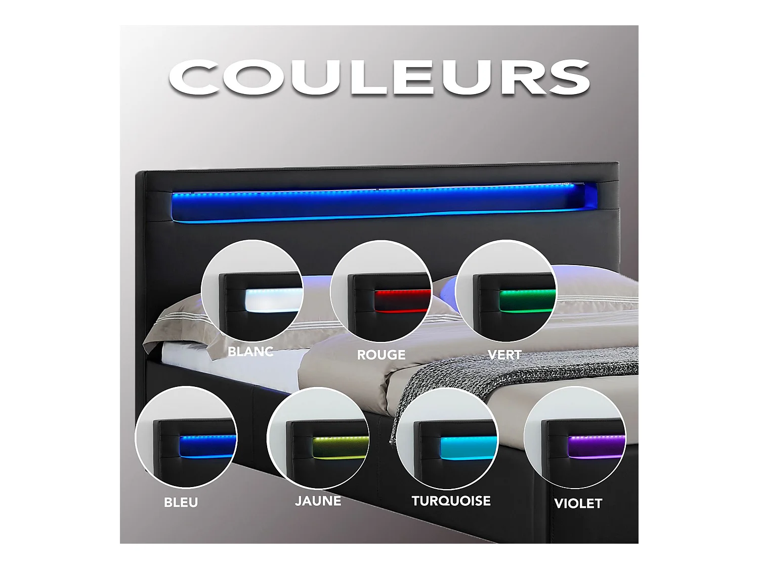 Lit LED simple 120x190 cm avec sommier, tête de lit confortable, lit 1 place revêtement synthétique noir, MIRANDO