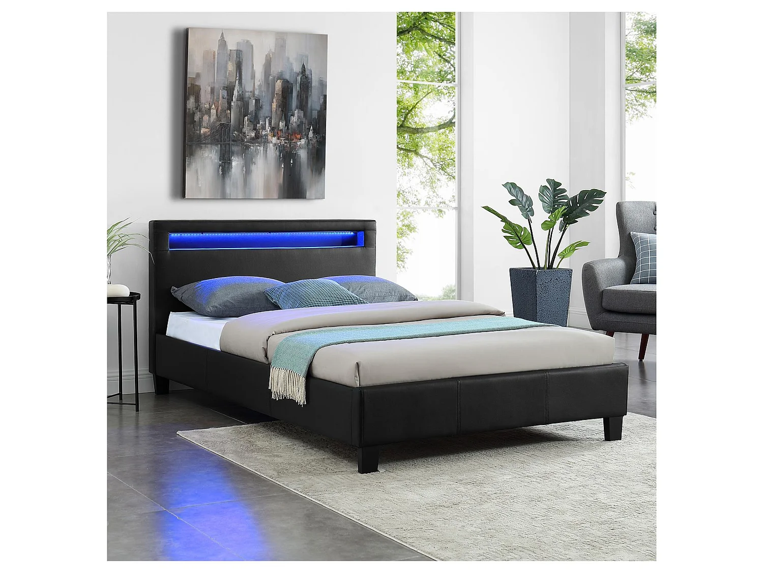 Lit LED simple 120x190 cm avec sommier, tête de lit confortable, lit 1 place revêtement synthétique noir, MIRANDO