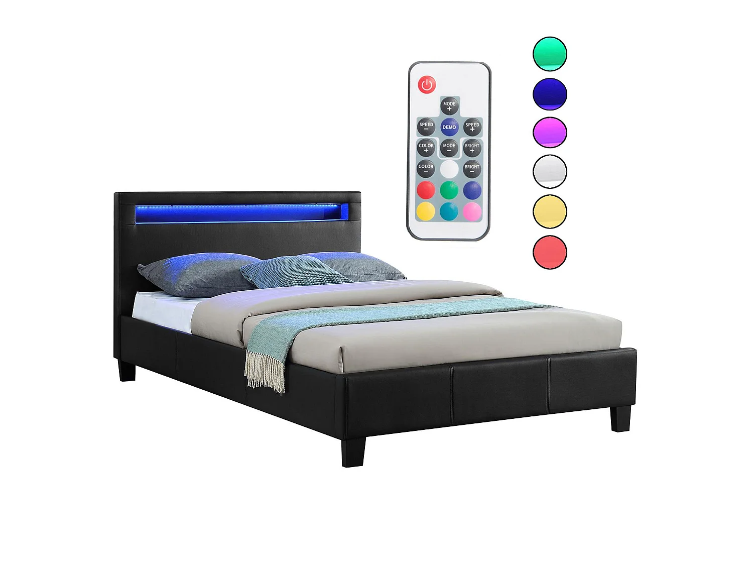 Lit LED simple 120x190 cm avec sommier, tête de lit confortable, lit 1 place revêtement synthétique noir, MIRANDO