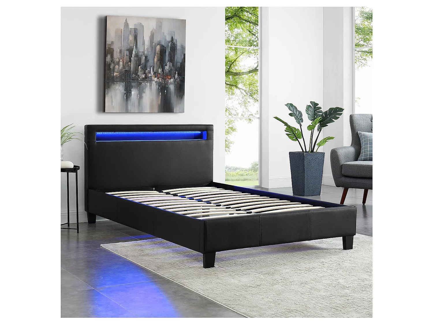 Lit LED simple 120x190 cm avec sommier, tête de lit confortable, lit 1 place revêtement synthétique noir, MIRANDO