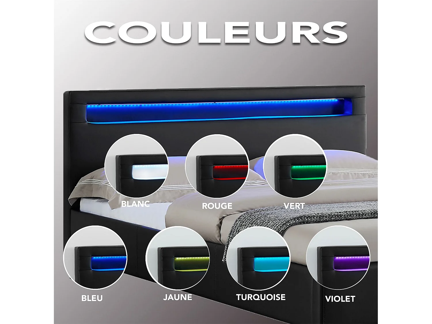 Lit LED simple 120x190 cm avec sommier, tête de lit confortable, lit 1 place revêtement synthétique noir, MIRANDO