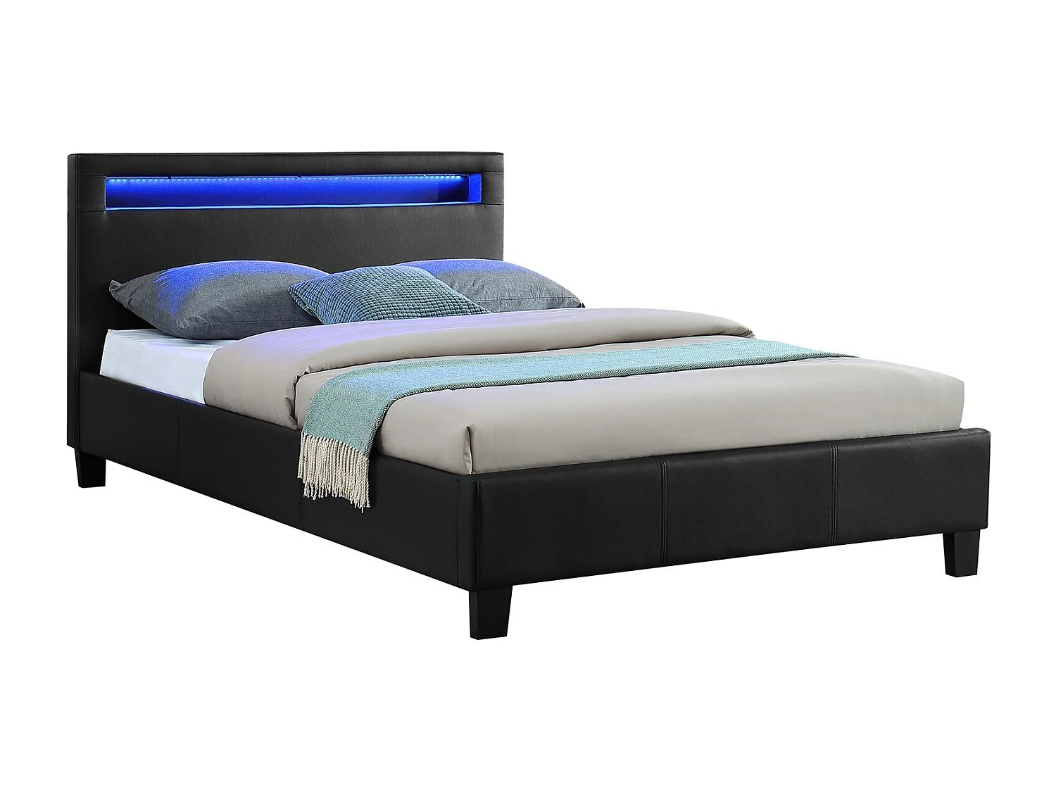 Lit LED simple 120x190 cm avec sommier, tête de lit confortable, lit 1 place revêtement synthétique noir, MIRANDO