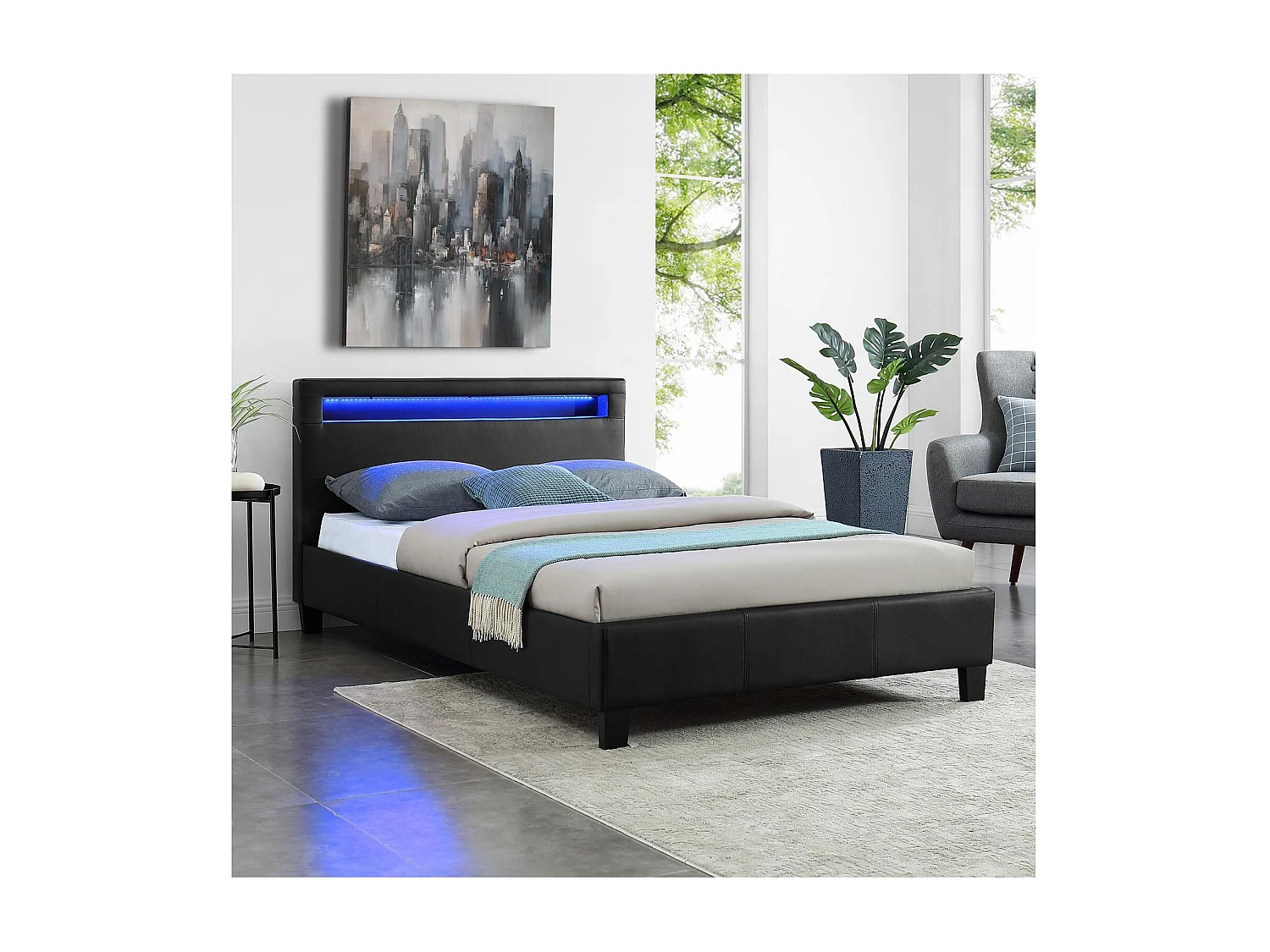 Lit LED simple 120x190 cm avec sommier, tête de lit confortable, lit 1 place revêtement synthétique noir, MIRANDO