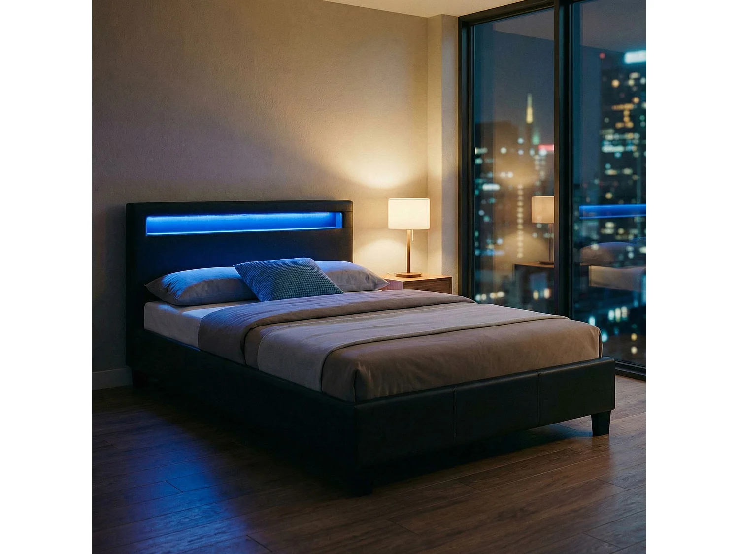 Lit LED simple 120x190 cm avec sommier, tête de lit confortable, lit 1 place revêtement synthétique noir, MIRANDO