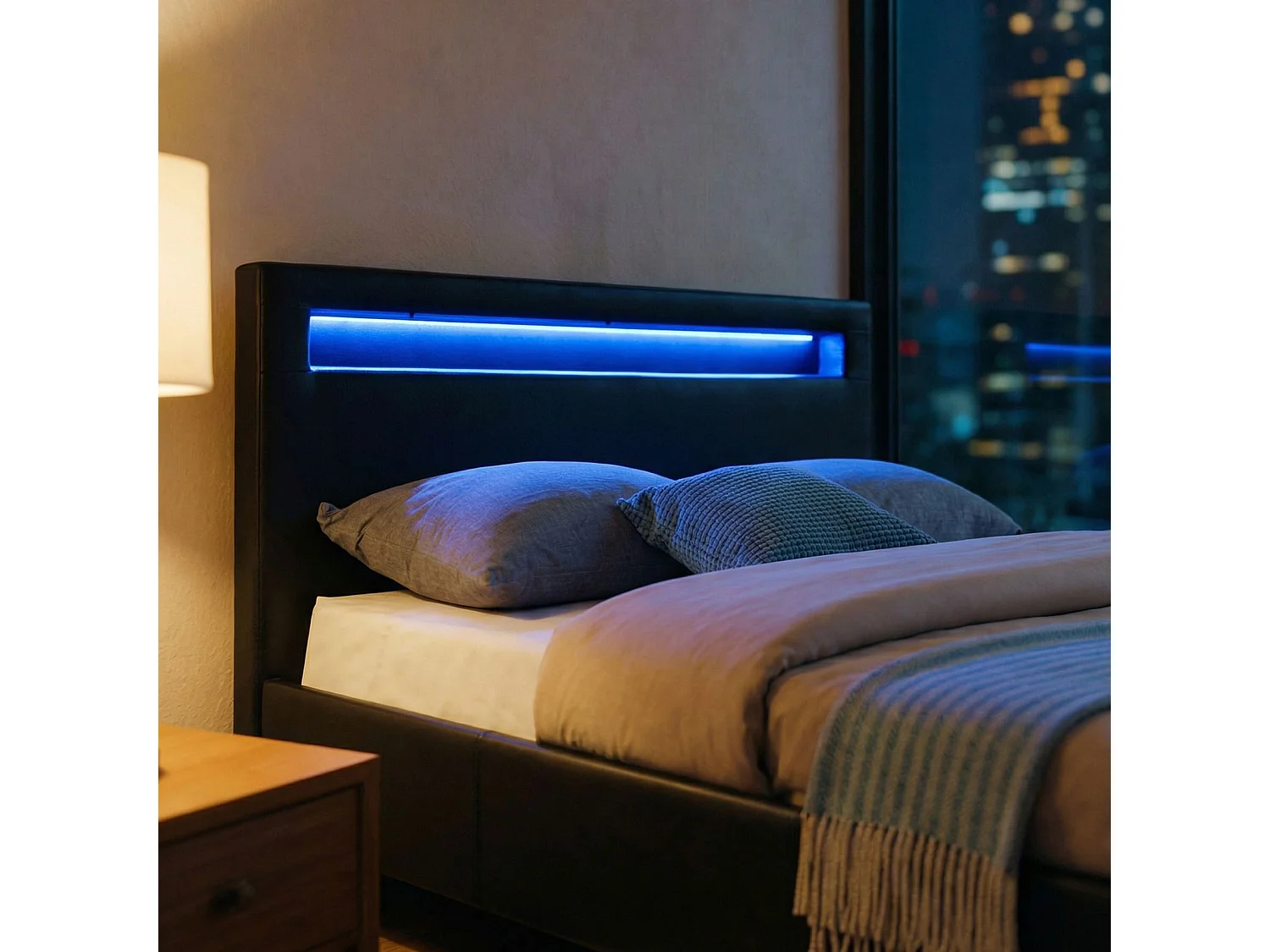 Lit LED simple 120x190 cm avec sommier, tête de lit confortable, lit 1 place revêtement synthétique noir, MIRANDO