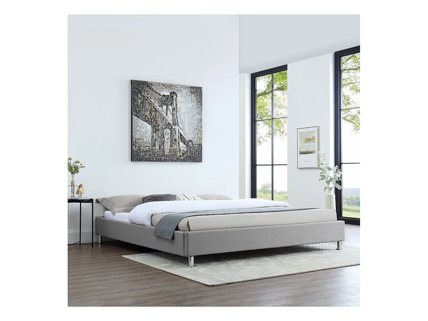 Lit futon double pour adulte NIZZA king size 180x200 cm 2 places / 2 personnes, avec sommier et pieds métal chromé, tissu gris