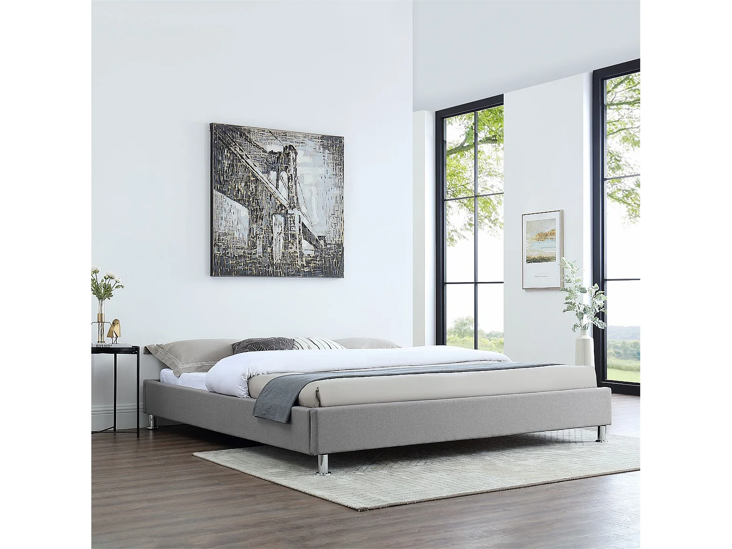 Lit futon double pour adulte NIZZA king size 180x200 cm 2 places / 2 personnes, avec sommier et pieds métal chromé, tissu gris