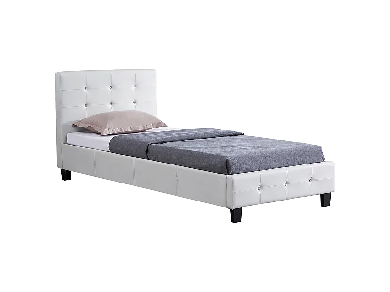Lit simple pour adulte ou enfant TICO avec sommier 90x190 cm 1 place, tête et pied de lit capitonnés avec strass synthétique blanc