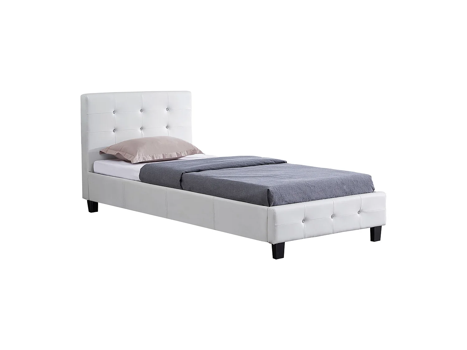 Lit simple pour adulte ou enfant TICO avec sommier 90x190 cm 1 place, tête et pied de lit capitonnés avec strass synthétique blanc