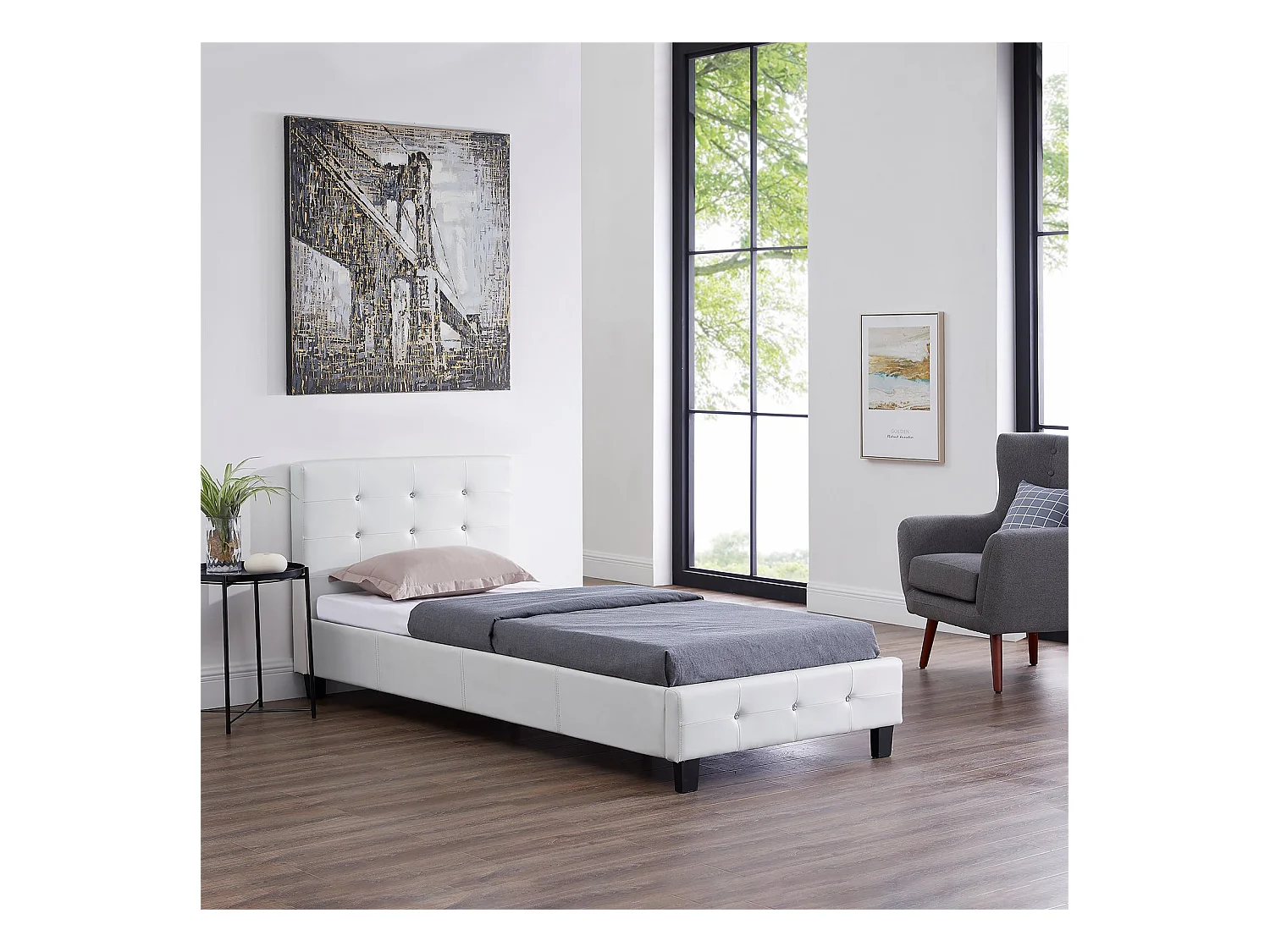 Lit simple pour adulte ou enfant TICO avec sommier 90x190 cm 1 place, tête et pied de lit capitonnés avec strass synthétique blanc