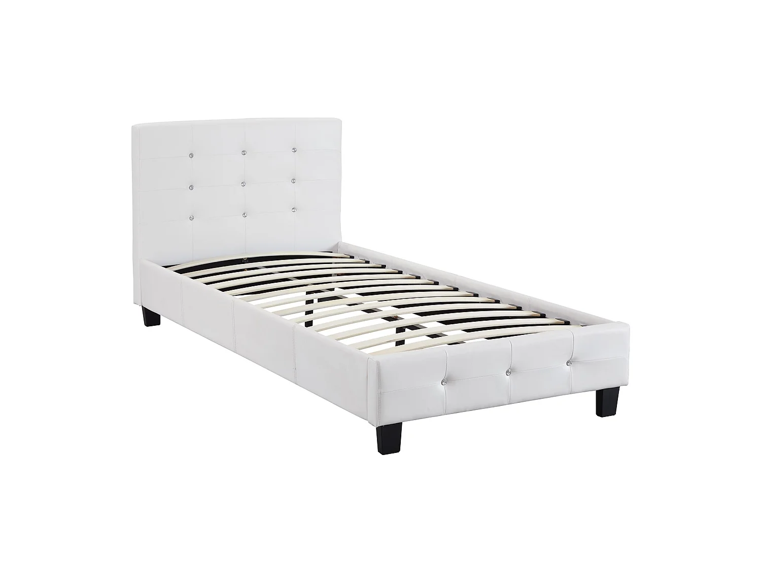 Lit simple pour adulte ou enfant TICO avec sommier 90x190 cm 1 place, tête et pied de lit capitonnés avec strass synthétique blanc