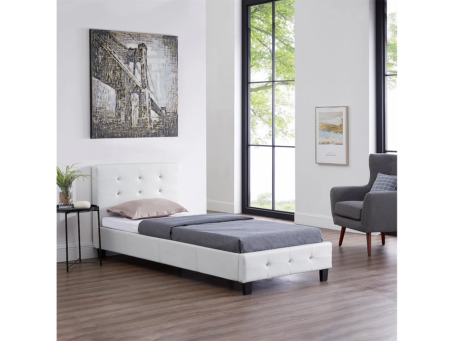 Lit simple pour adulte ou enfant TICO avec sommier 90x190 cm 1 place, tête et pied de lit capitonnés avec strass synthétique blanc