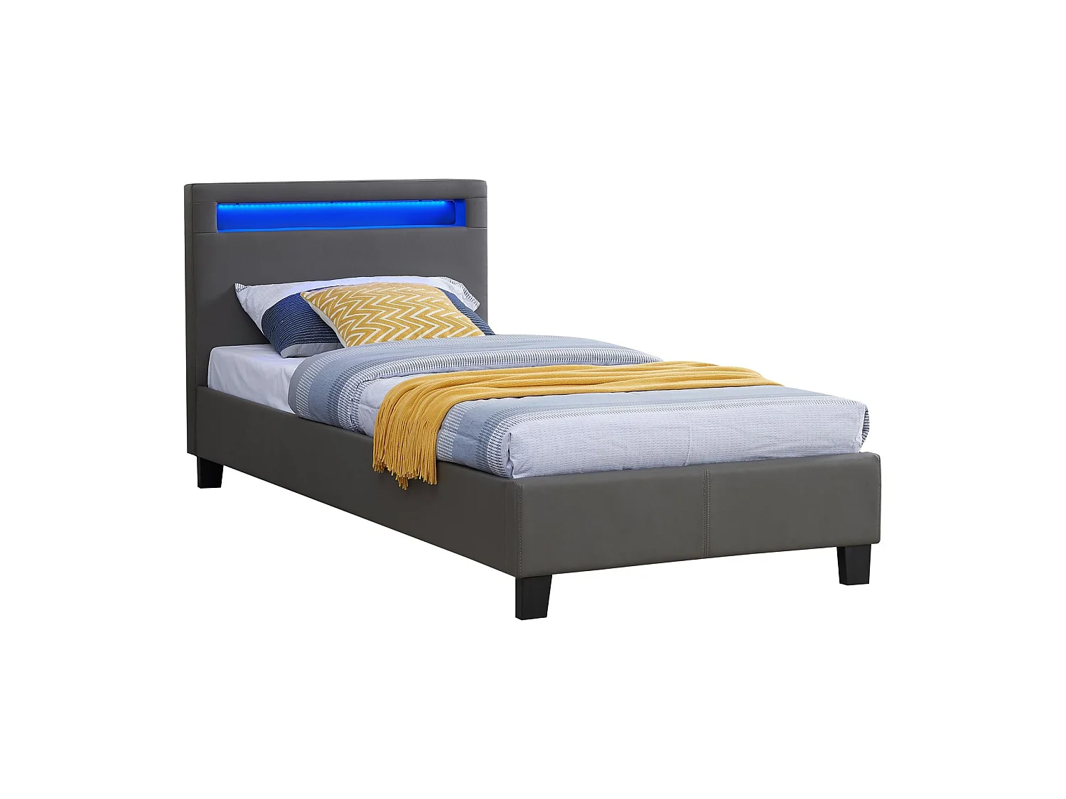 Lit LED simple 90x190 cm avec sommier, tête de lit confortable, lit 1 place revêtement synthétique gris, LUCENO