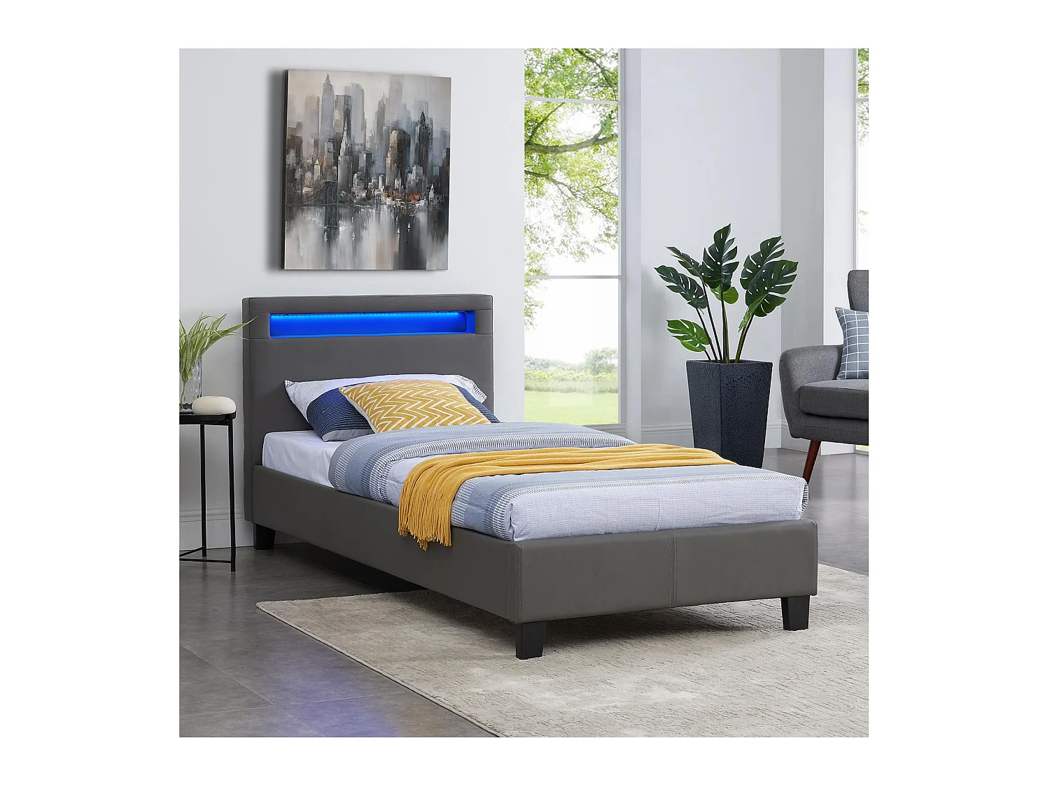 Lit LED simple 90x190 cm avec sommier, tête de lit confortable, lit 1 place revêtement synthétique gris, LUCENO