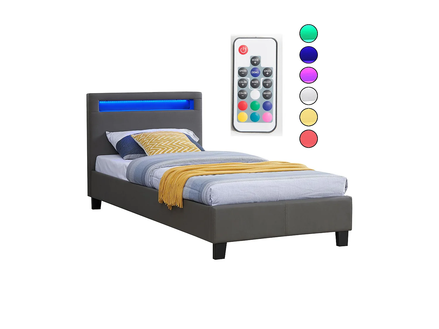 Lit LED simple 90x190 cm avec sommier, tête de lit confortable, lit 1 place revêtement synthétique gris, LUCENO