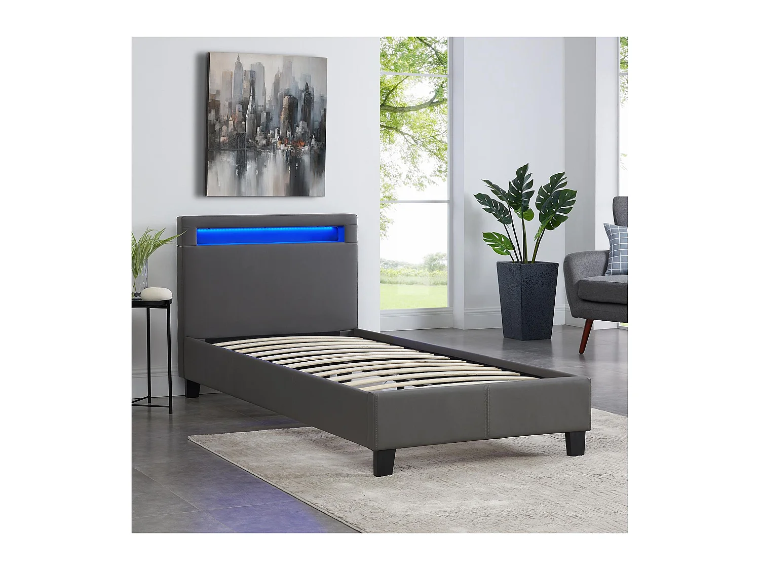Lit LED simple 90x190 cm avec sommier, tête de lit confortable, lit 1 place revêtement synthétique gris, LUCENO
