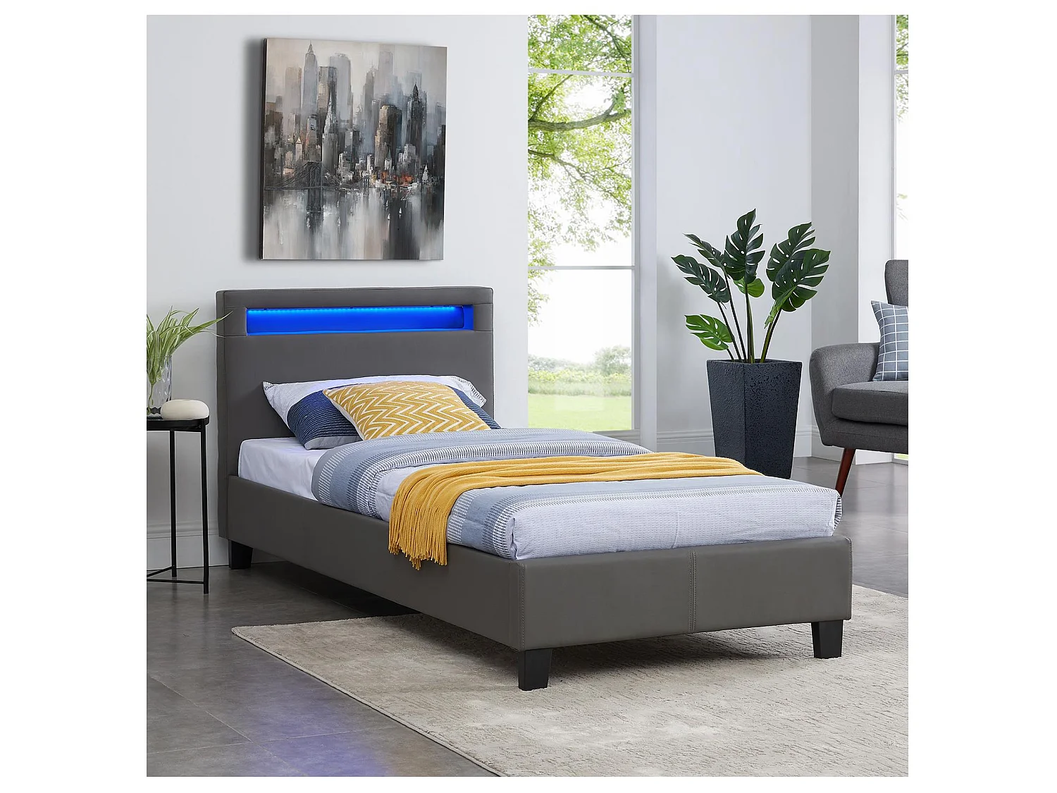 Lit LED simple 90x190 cm avec sommier, tête de lit confortable, lit 1 place revêtement synthétique gris, LUCENO