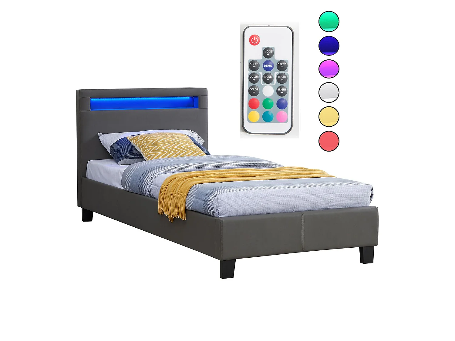 Lit LED simple 90x190 cm avec sommier, tête de lit confortable, lit 1 place revêtement synthétique gris, LUCENO