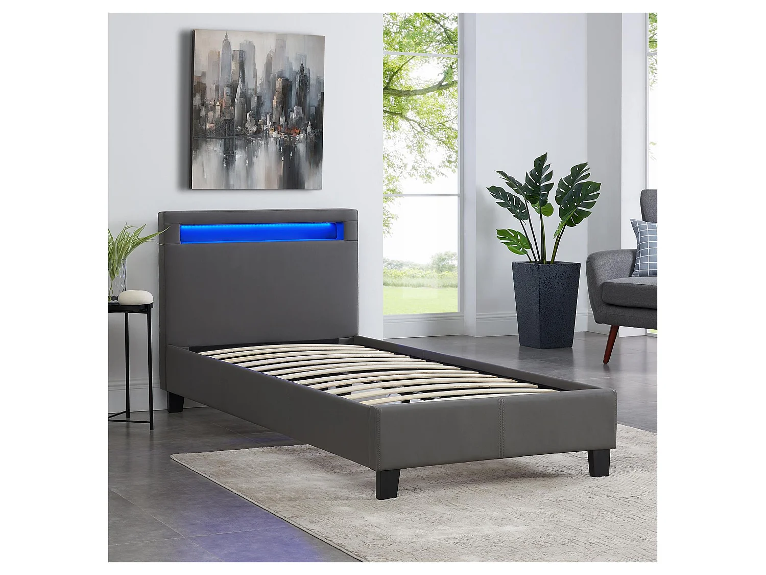 Lit LED simple 90x190 cm avec sommier, tête de lit confortable, lit 1 place revêtement synthétique gris, LUCENO