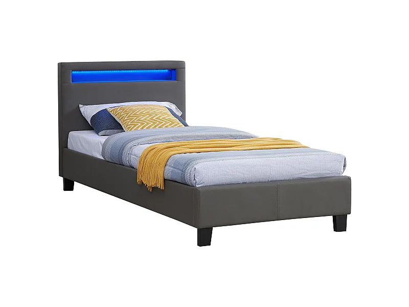 Lit LED simple 90x190 cm avec sommier, tête de lit confortable, lit 1 place revêtement synthétique gris, LUCENO