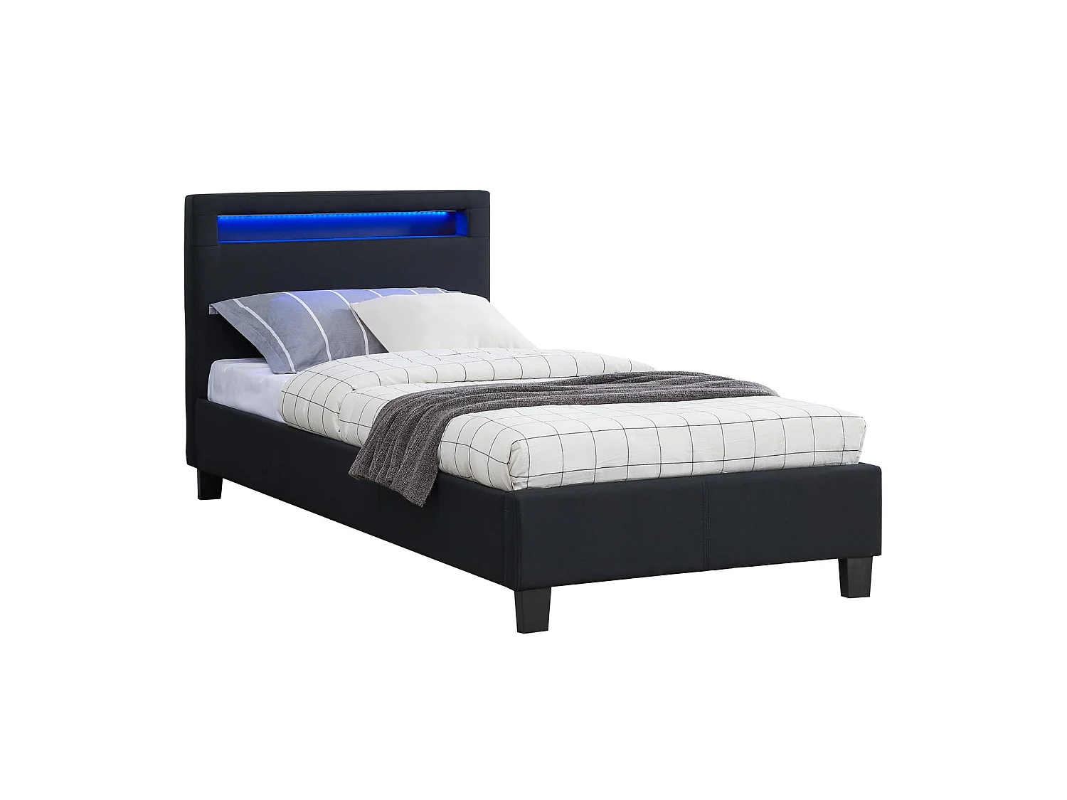 Lit LED simple 90x190 cm avec sommier, tête de lit confortable, lit 1 place revêtement en tissu noir, MOLINA
