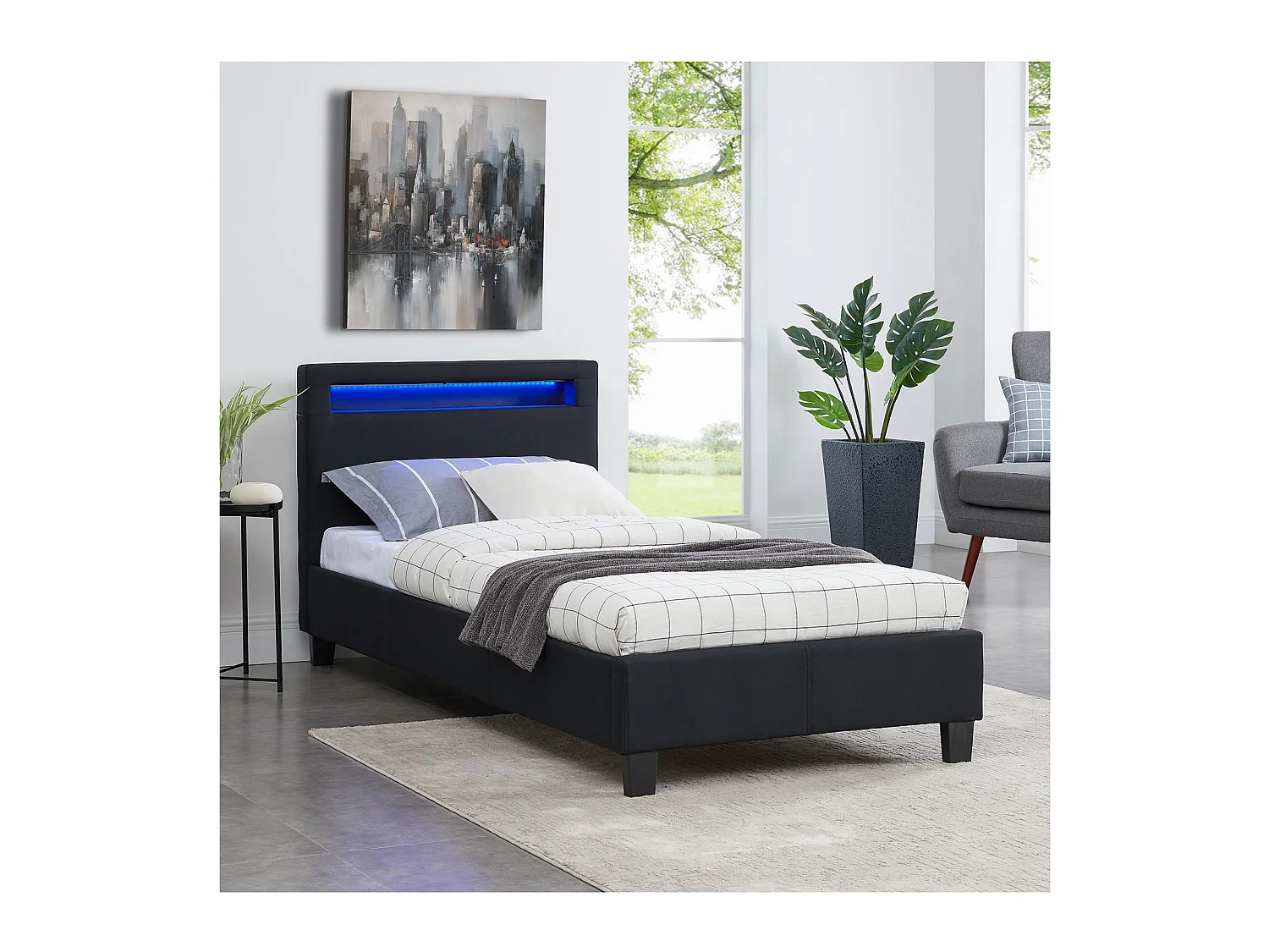 Lit LED simple 90x190 cm avec sommier, tête de lit confortable, lit 1 place revêtement en tissu noir, MOLINA